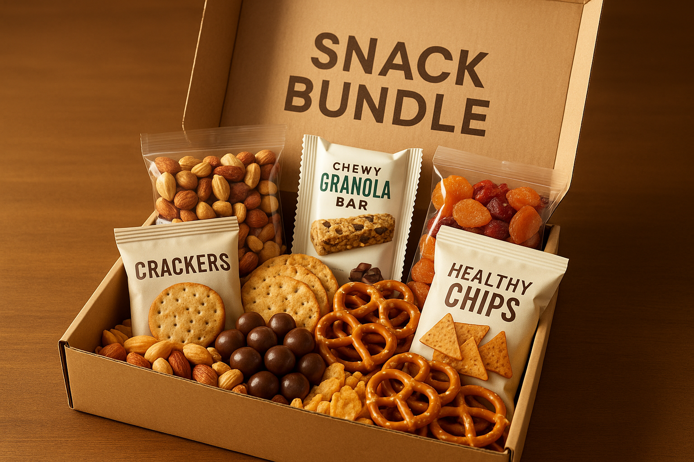 Create a bundle with snacks. Make a box with snacks which looks fulfilling.