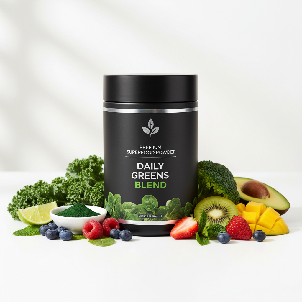 Daily Greens Blend supplement powder with fresh fruits and vegetables