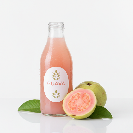 Guava Juice bottle with ripe guava fruit