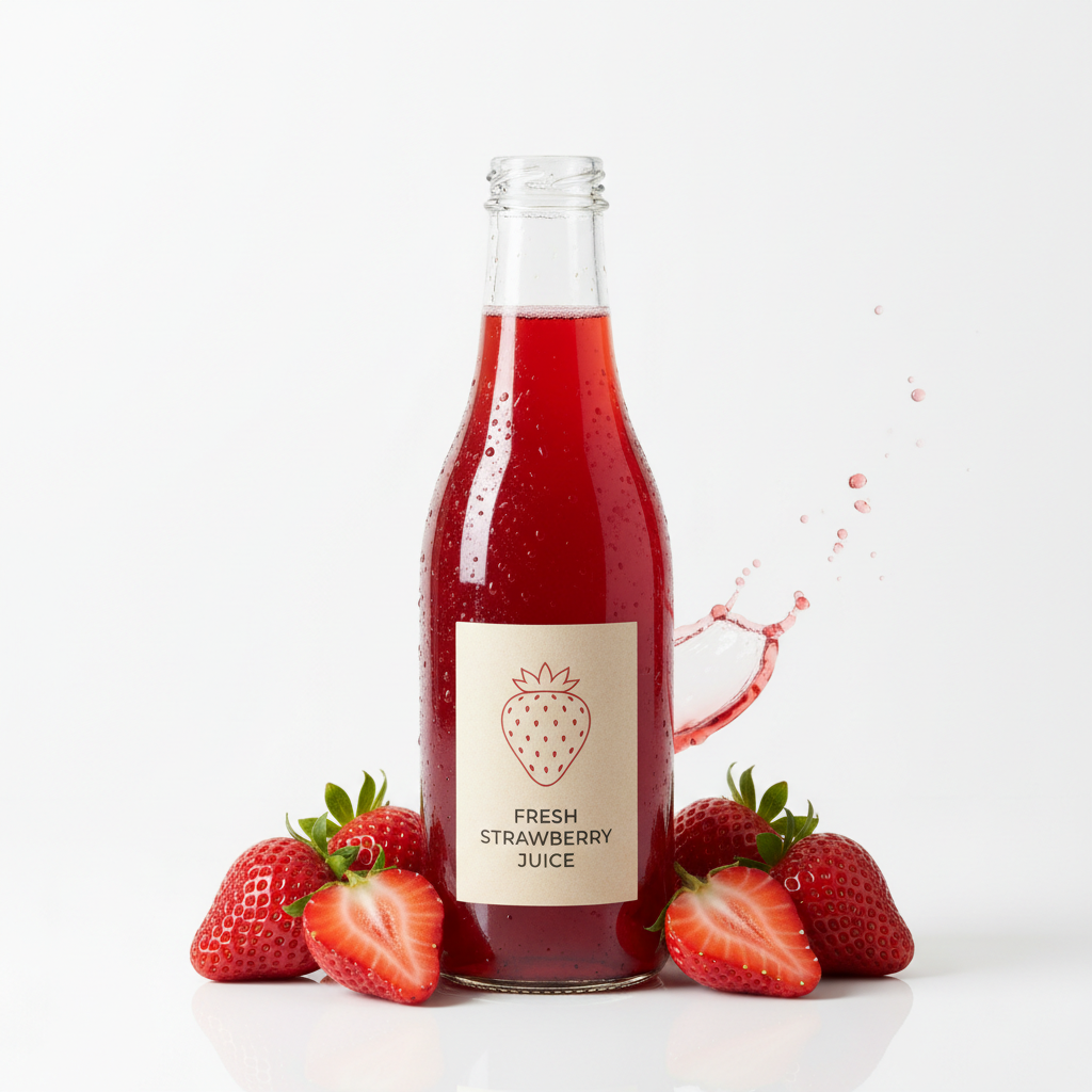 Strawberry Juice bottle with fresh strawberries