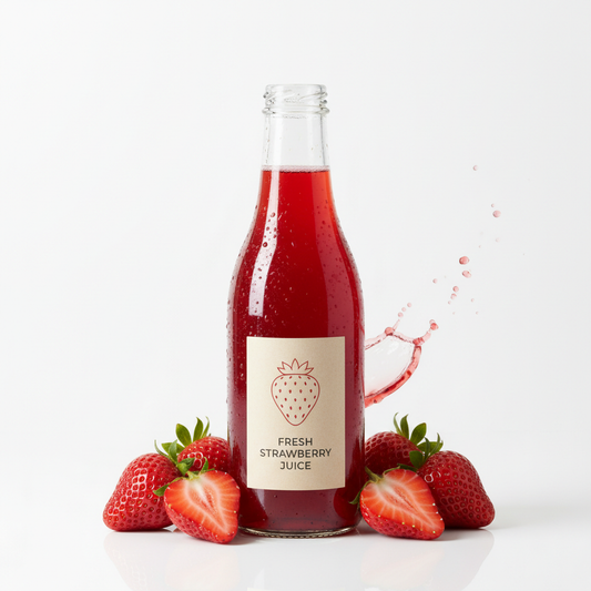 Strawberry Juice bottle with fresh strawberries